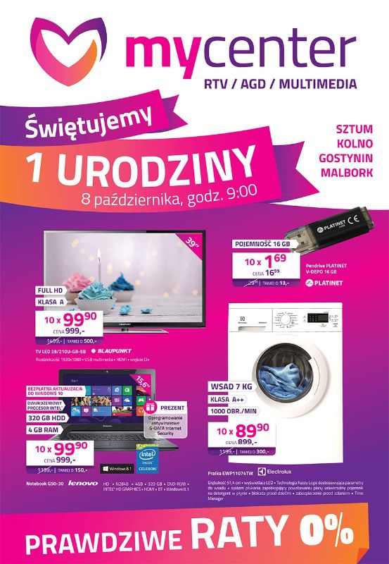 Pierwsze urodziny sieci MyCenter   KOLNO ul. Wojska Polskiego 46 - 8 października  godz. 9.00