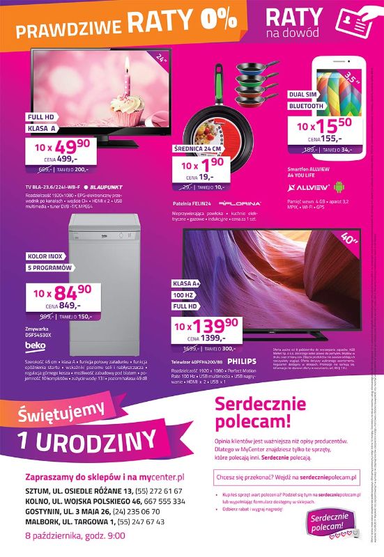 Pierwsze urodziny sieci MyCenter   KOLNO ul. Wojska Polskiego 46 - 8 października  godz. 9.00