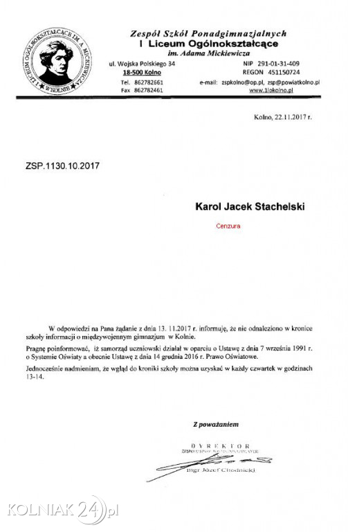 Karol Jacek Stachelski poskarżył się na dyrektora kolneńskiego Ogólniaka