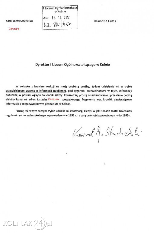 Karol Jacek Stachelski poskarżył się na dyrektora kolneńskiego Ogólniaka