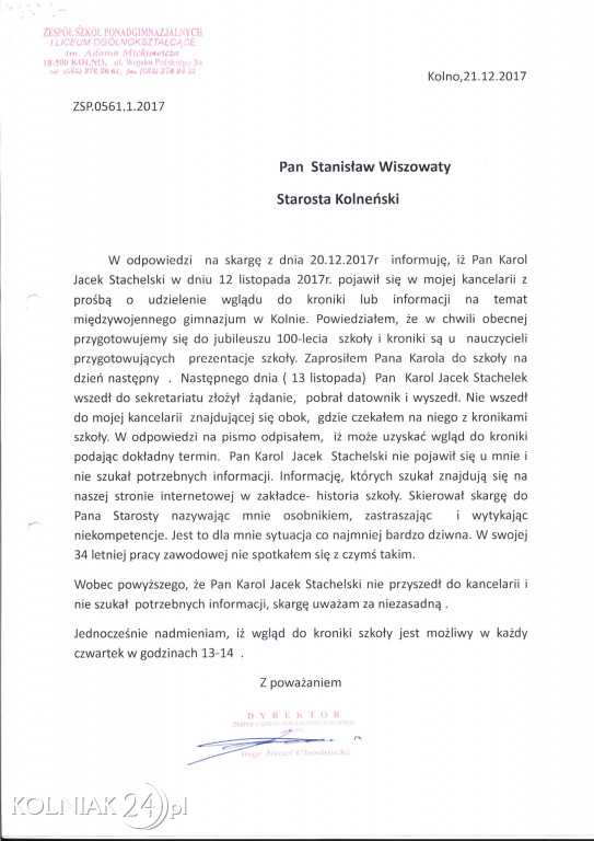 Karol Jacek Stachelski poskarżył się na dyrektora kolneńskiego Ogólniaka