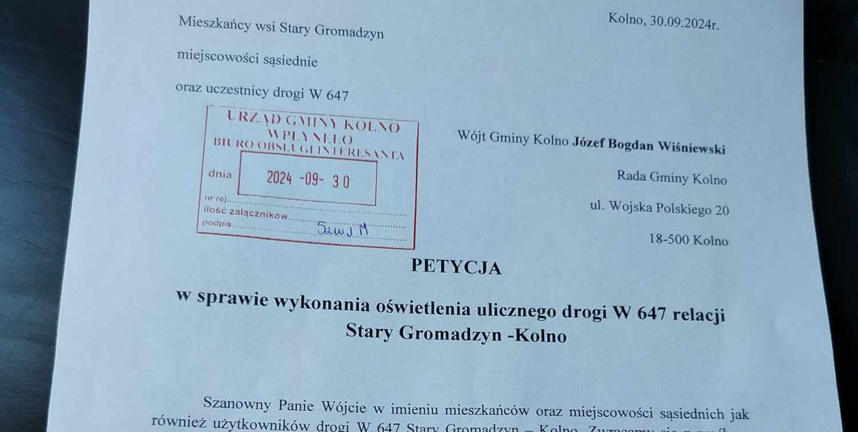 Petycję podpisali mieszkańcy wsi Stary Gromadzyn, miejscowości sąsiedniej oraz uczestnicy drogi W647na odcinku Stary Gromadzyn Kolno