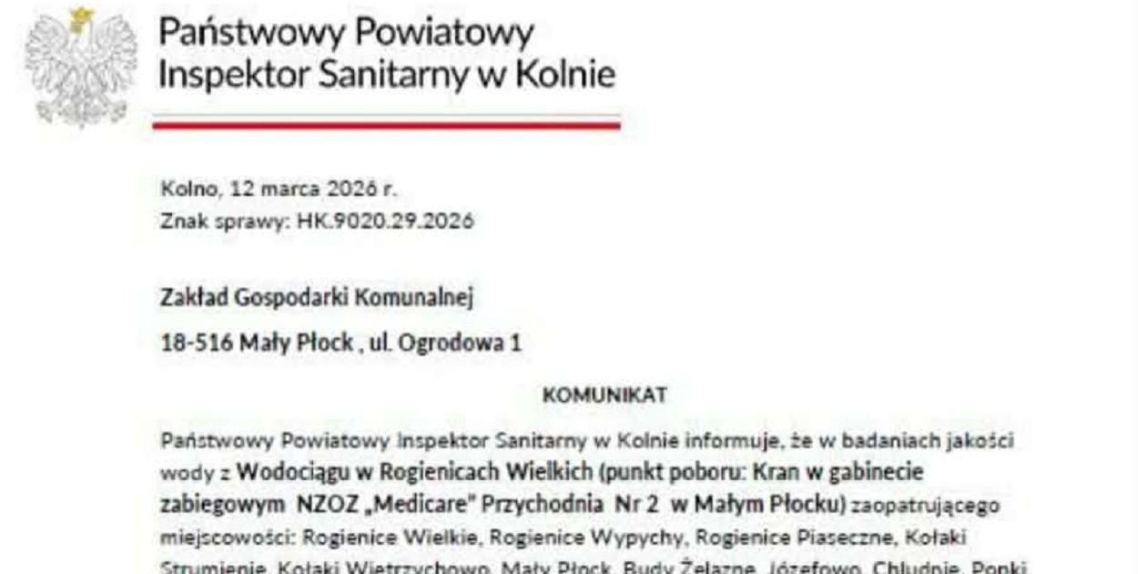 Gmina Mały Płock: wykryto obecność bakterii grupy coli